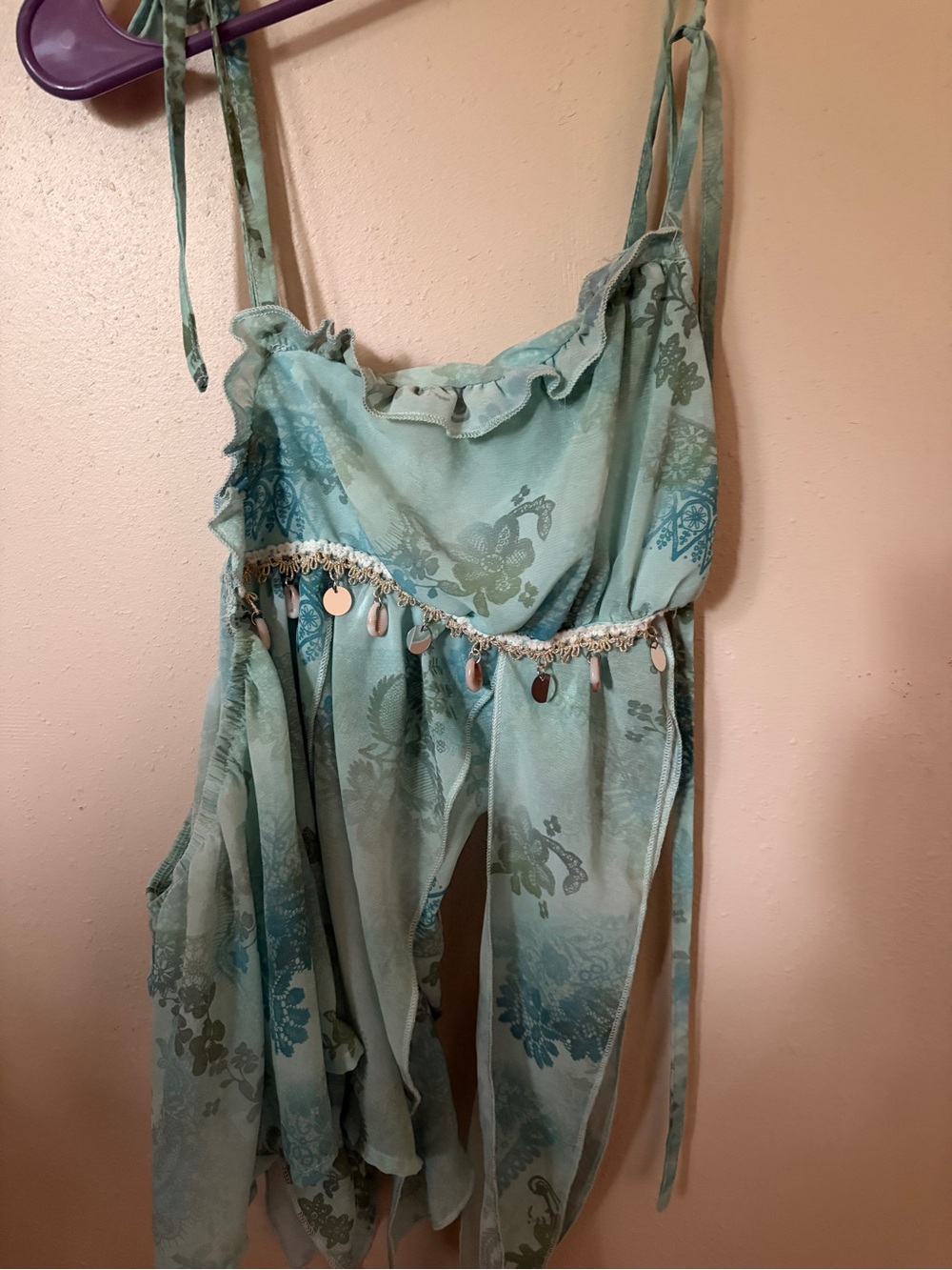 Light Teal Floral Tie-Strap Tank with Shell Trim